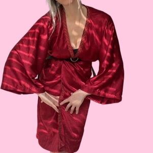Silky Red Kimono Robe with Gold Trim